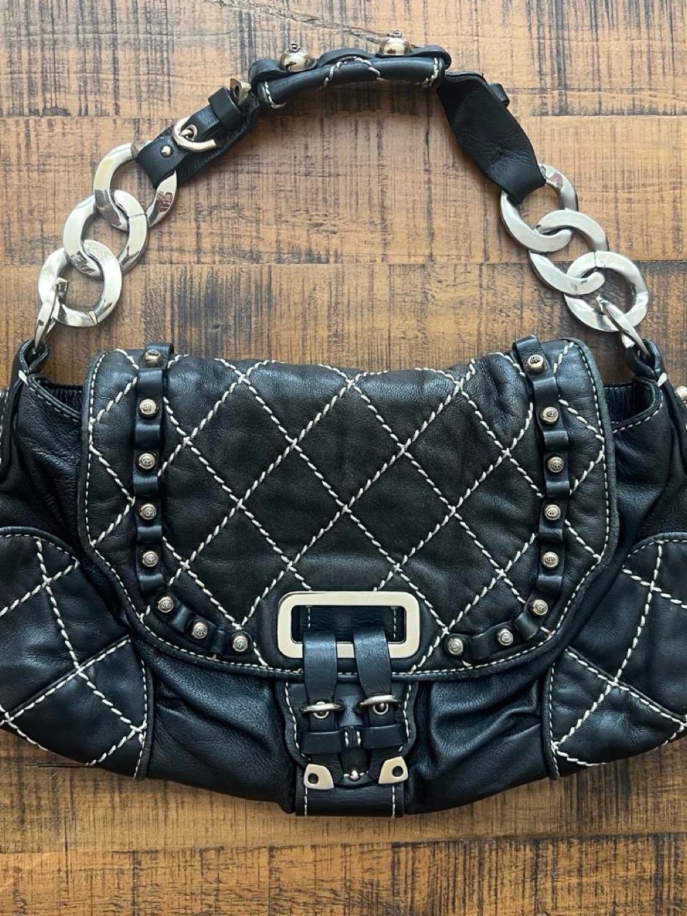 Quilted Black Leather Shoulder Bag with Silver Hardware